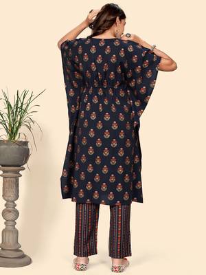 Vbuyz Women'S Embroidered & Mirror  Muslin Blue Stitched Kaftan Kurta With Pant Set 4