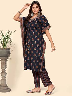 Vbuyz Women'S Embroidered & Mirror  Muslin Blue Stitched Kaftan Kurta With Pant Set 6
