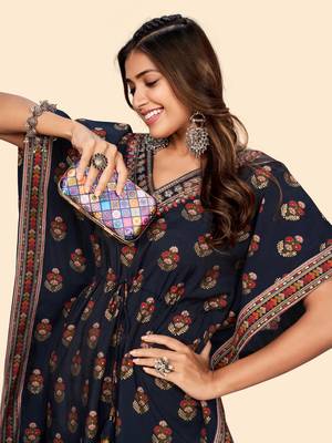Vbuyz Women'S Embroidered & Mirror  Muslin Blue Stitched Kaftan Kurta With Pant Set 7