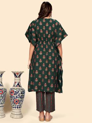 Vbuyz Women'S Embroidered & Mirror  Muslin Green Stitched Kaftan Kurta With Pant Set 4