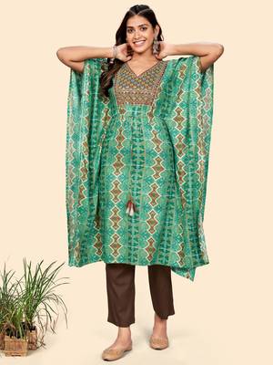 Vbuyz Women'S Embroidered & Sequience  Rayon Auqa Stitched Kaftan Kurta With Pant Set 1