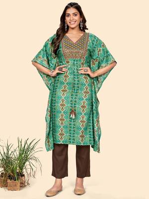 Vbuyz Women'S Embroidered & Sequience  Rayon Auqa Stitched Kaftan Kurta With Pant Set 3