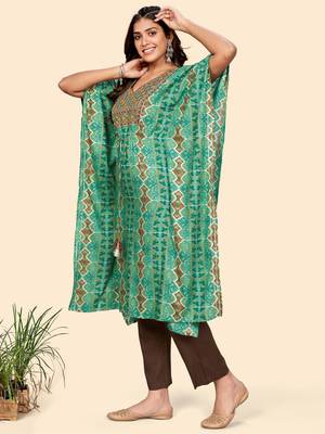 Vbuyz Women'S Embroidered & Sequience  Rayon Auqa Stitched Kaftan Kurta With Pant Set 5