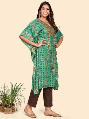 Vbuyz Women'S Embroidered & Sequience  Rayon Auqa Stitched Kaftan Kurta With Pant Set 6
