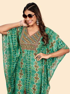 Vbuyz Women'S Embroidered & Sequience  Rayon Auqa Stitched Kaftan Kurta With Pant Set 7