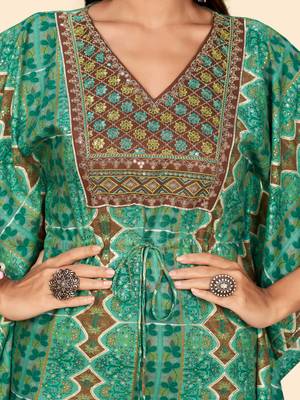 Vbuyz Women'S Embroidered & Sequience  Rayon Auqa Stitched Kaftan Kurta With Pant Set 8
