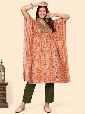 Vbuyz Women'S Embroidered & Sequience  Rayon Orange Stitched Kaftan Kurta With Pant Set 1