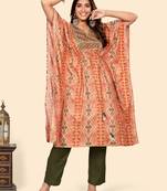 Vbuyz Women'S Embroidered & Sequience  Rayon Orange Stitched Kaftan Kurta With Pant Set