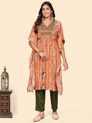 Vbuyz Women'S Embroidered & Sequience  Rayon Orange Stitched Kaftan Kurta With Pant Set 3