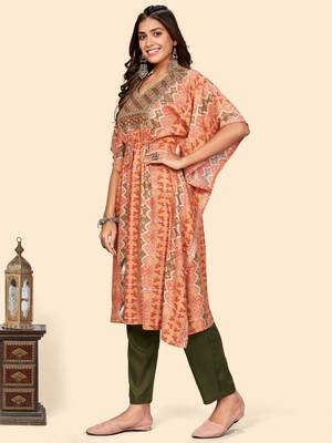 Vbuyz Women'S Embroidered & Sequience  Rayon Orange Stitched Kaftan Kurta With Pant Set 5