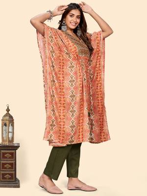 Vbuyz Women'S Embroidered & Sequience  Rayon Orange Stitched Kaftan Kurta With Pant Set 6