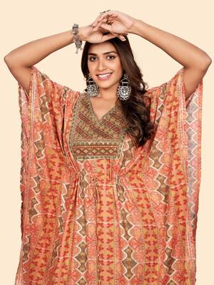 Vbuyz Women'S Embroidered & Sequience  Rayon Orange Stitched Kaftan Kurta With Pant Set 7