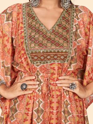 Vbuyz Women'S Embroidered & Sequience  Rayon Orange Stitched Kaftan Kurta With Pant Set 8