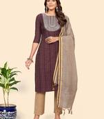 Vbuyz Women'S Embroidered & Sequience Straight Cotton Purple Stitched Kurta Pant With Dupatta