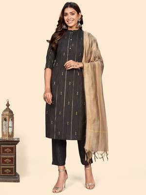 Vbuyz Women'S Print & Striped Straight Cotton Brown Stitched Kurta Pant With Dupatta 1
