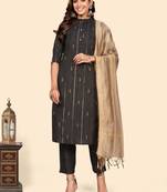 Vbuyz Women'S Print & Striped Straight Cotton Brown Stitched Kurta Pant With Dupatta