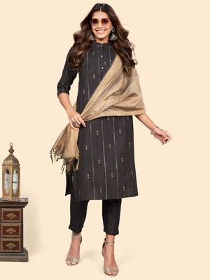 Vbuyz Women'S Print & Striped Straight Cotton Brown Stitched Kurta Pant With Dupatta 3