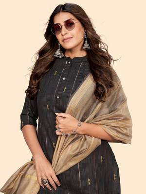 Vbuyz Women'S Print & Striped Straight Cotton Brown Stitched Kurta Pant With Dupatta 7