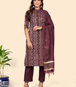 Vbuyz Women'S Print & Striped Straight Cotton Maroon Stitched Kurta Pant With Dupatta