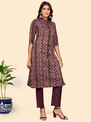 Vbuyz Women'S Print & Striped Straight Cotton Maroon Stitched Kurta Pant With Dupatta 6