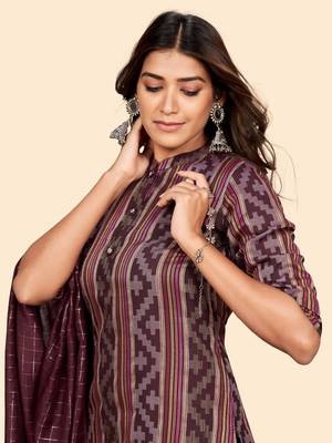 Vbuyz Women'S Print & Striped Straight Cotton Maroon Stitched Kurta Pant With Dupatta 7