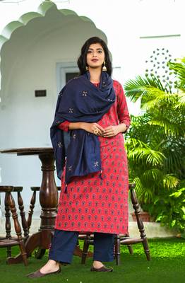 Pink printed cotton kurti-trouser 2