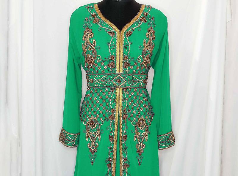 Turquoise luxurious Moroccan KaftanWith Sun-proof hijab.