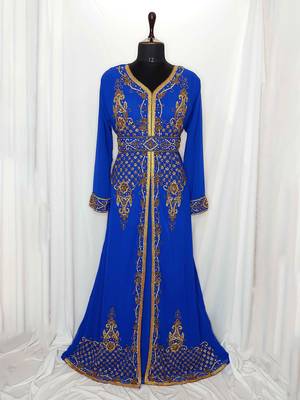 Royal Blue Moroccan Kaftan With Sun-proof hijab 1