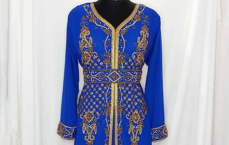 Royal Blue luxurious Moroccan Kaftan With Sun-proof hijab.