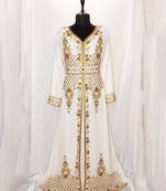 off white luxurious Moroccan Kaftan with Sun-proof hijab.