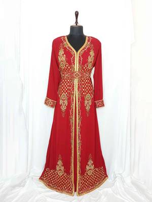 Red Moroccan Kaftan With Sun-proof hijab 1