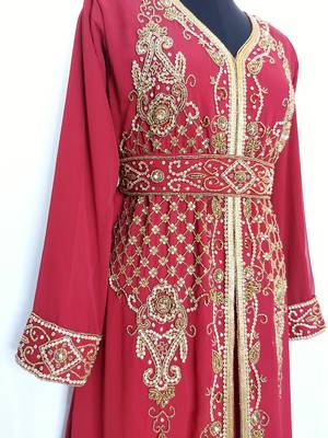 Red Moroccan Kaftan With Sun-proof hijab 3