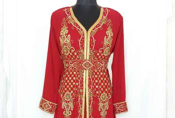 Red Moroccan Kaftan With Sun-proof hijab 4