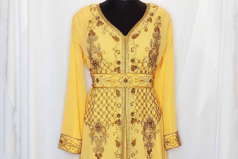 Yellow luxurious Moroccan Kaftan	With Sun-proof hijab.