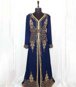 Navy blue luxurious Moroccan Kaftan With Sun-proof hijab.