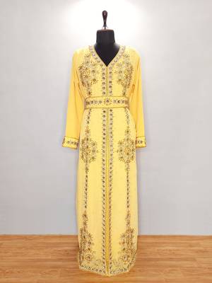 Yellow Moroccan Kaftan With Sun-proof hijab 1