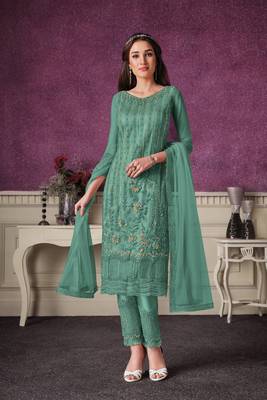 Sea-green embroidered faux georgette salwar 1