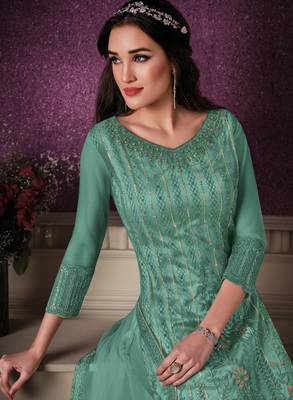 Sea-green embroidered faux georgette salwar 2