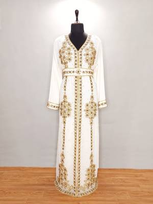 White and Gold  Georgette Hand-Embroidered Moroccan Kaftan 1