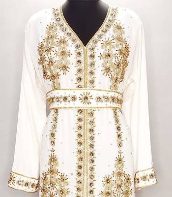 White and Gold  Georgette Hand-Embroidered Moroccan Kaftan 2