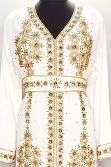 White and Gold  Georgette Hand-Embroidered Moroccan Kaftan