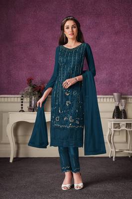 Teal embroidered faux georgette salwar 1