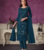Teal embroidered faux georgette salwar