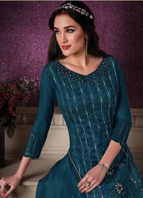 Teal embroidered faux georgette salwar 2