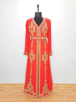Red Moroccan Kaftan With Sun-proof hijab 1