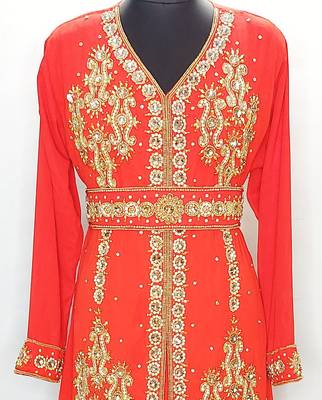 Red Moroccan Kaftan With Sun-proof hijab 2