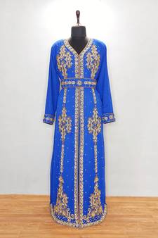 Royal Blue luxurious Moroccan Kaftan With Sun-proof hijab.