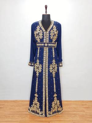 Navy blue Moroccan Kaftan With Sun-proof hijab 1