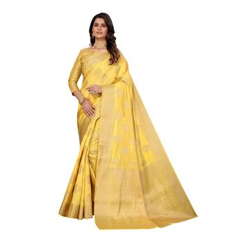 Yellow hand woven silk blend saree with blouse 1