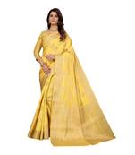 Yellow hand woven silk blend saree with blouse